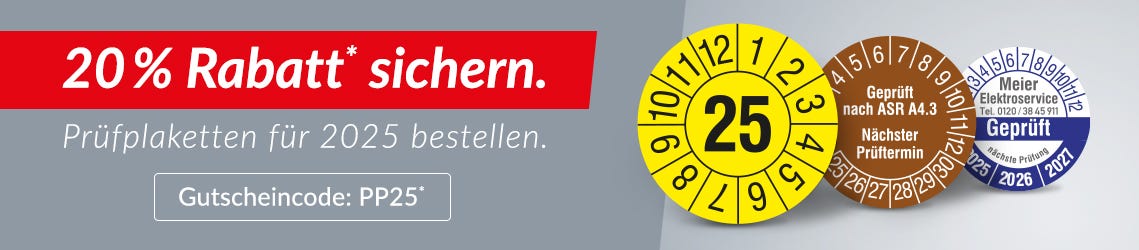 20 % Rabatt auf Prüfplaketten mit Code PP25