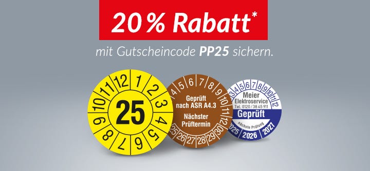20 % Rabatt auf Prüfplaketten mit Code PP25